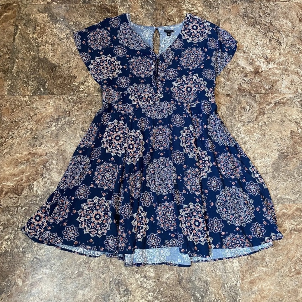 Torrid Dress 2X Navy Blue Mandala Medallion Print Mini Challis Tie Front